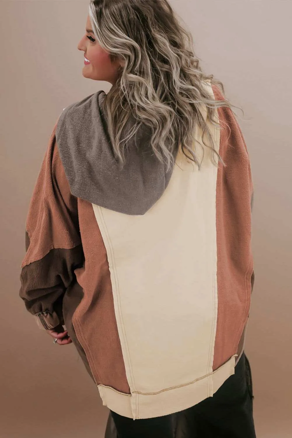 Brown Plus Size Exposed Seam Patchwork Sweatshirt - Cozy Style
