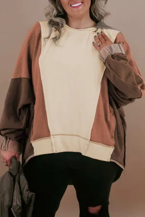Brown Plus Size Exposed Seam Patchwork Sweatshirt - Cozy Style