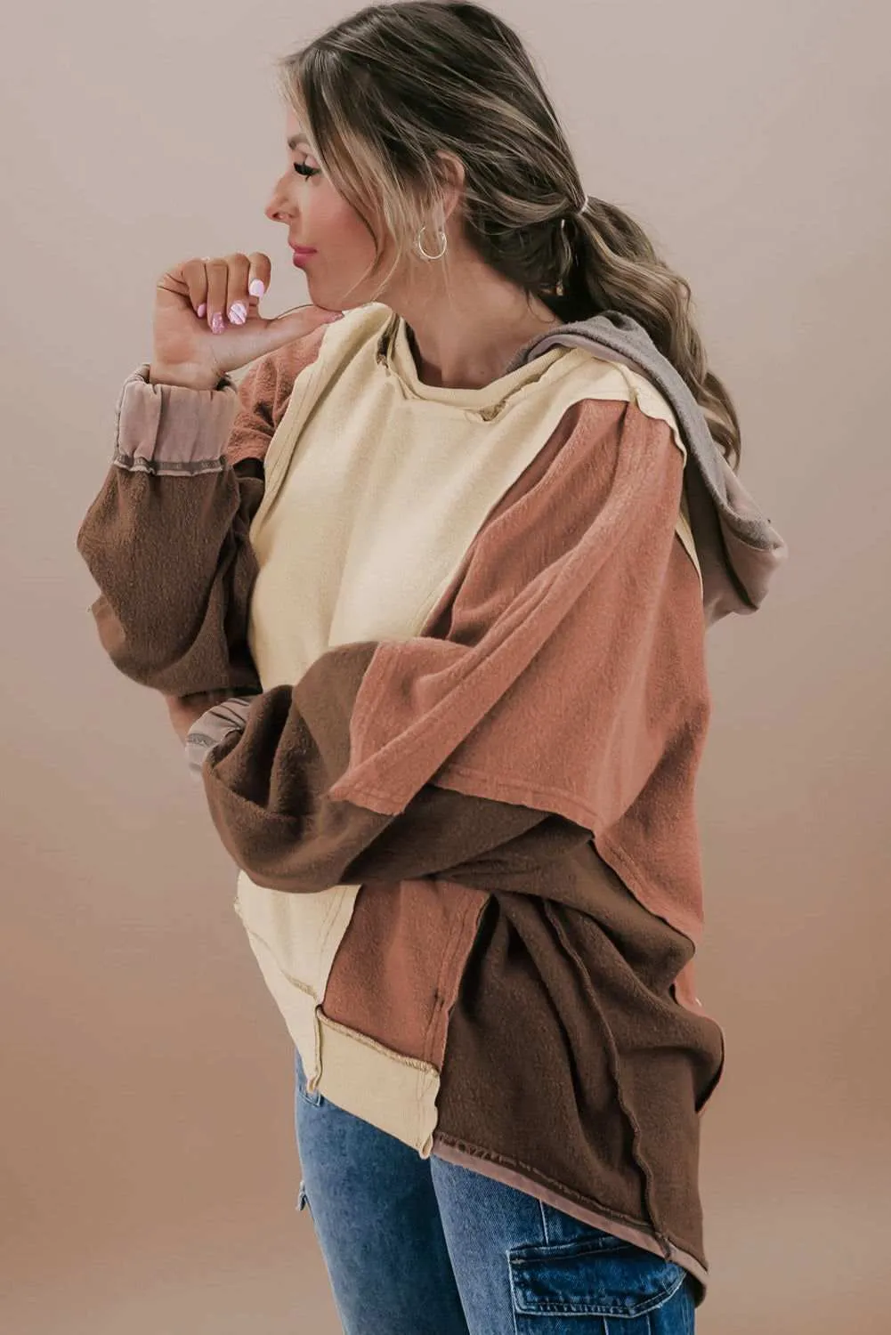 Brown Plus Size Exposed Seam Patchwork Sweatshirt - Cozy Style