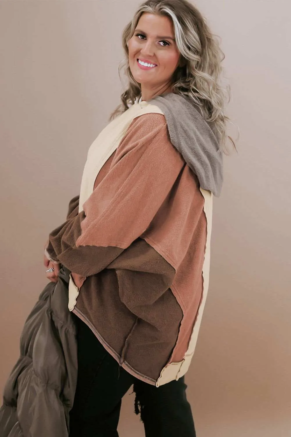 Brown Plus Size Exposed Seam Patchwork Sweatshirt - Cozy Style