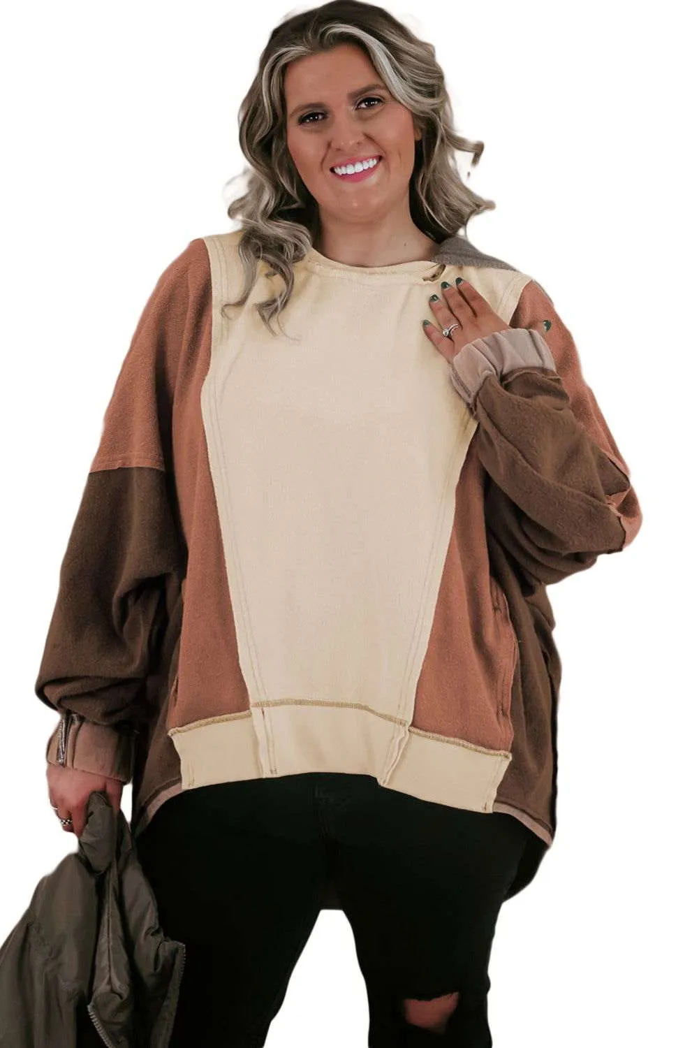 Brown Plus Size Exposed Seam Patchwork Sweatshirt - Cozy Style