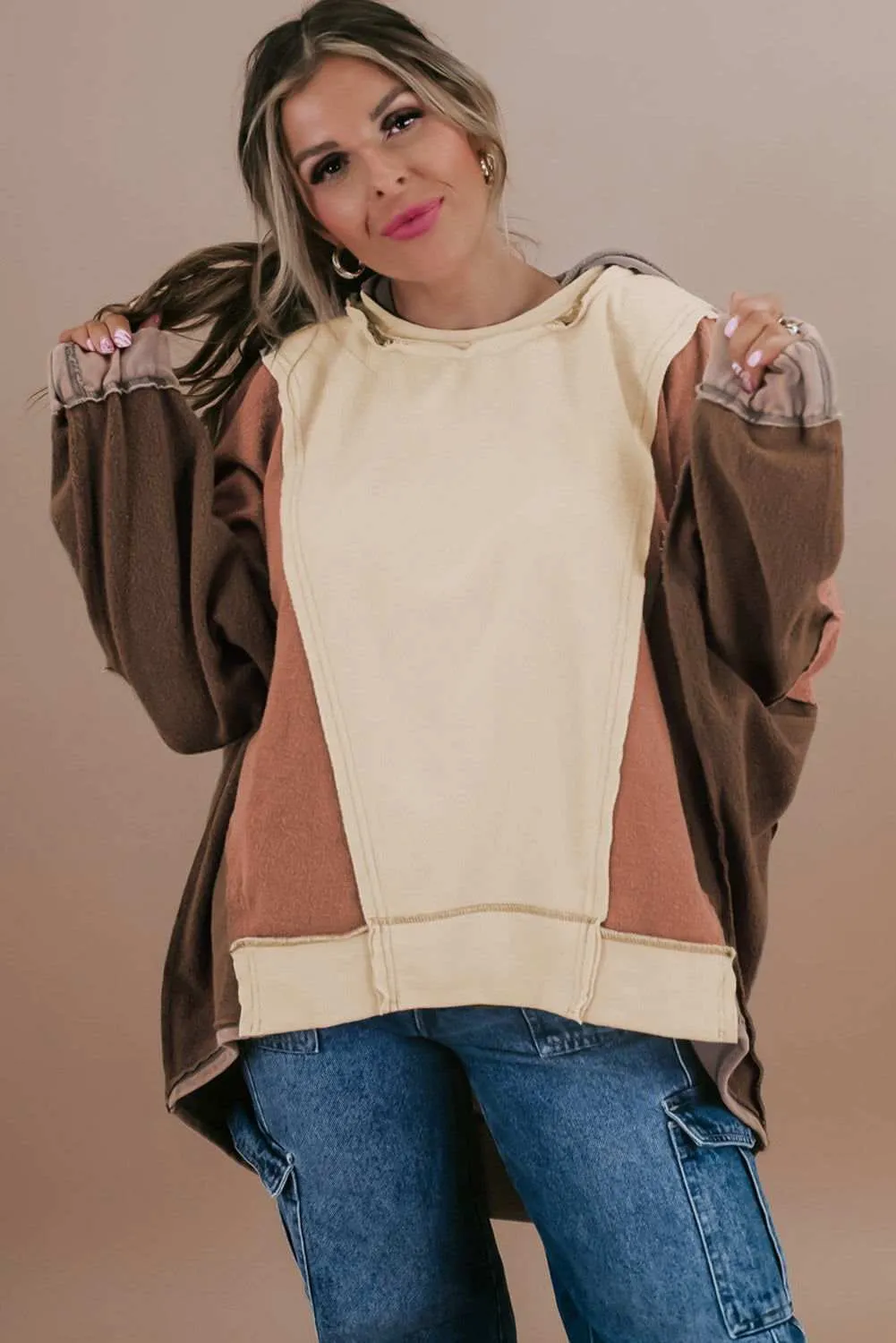 Brown Plus Size Exposed Seam Patchwork Sweatshirt - Cozy Style