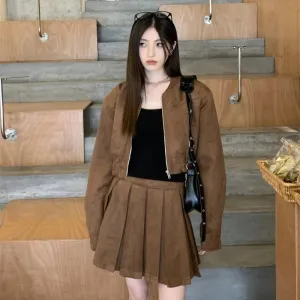 cold weather outfits Joskaa 2024 Autumn New Sensibility Maillard Brown Vintage Leather Jacket With Pleated Skirt Set Women Fashion Dress Set