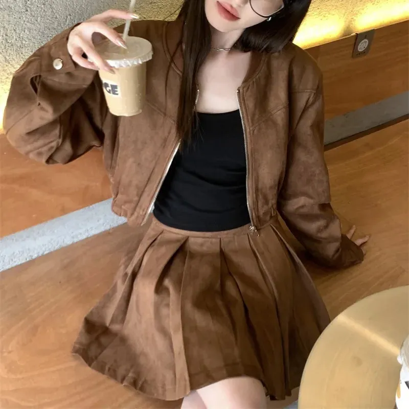 cold weather outfits Joskaa 2024 Autumn New Sensibility Maillard Brown Vintage Leather Jacket With Pleated Skirt Set Women Fashion Dress Set