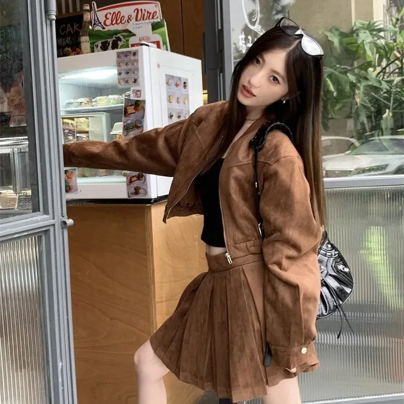 cold weather outfits Joskaa 2024 Autumn New Sensibility Maillard Brown Vintage Leather Jacket With Pleated Skirt Set Women Fashion Dress Set