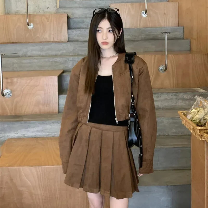 cold weather outfits Joskaa 2024 Autumn New Sensibility Maillard Brown Vintage Leather Jacket With Pleated Skirt Set Women Fashion Dress Set