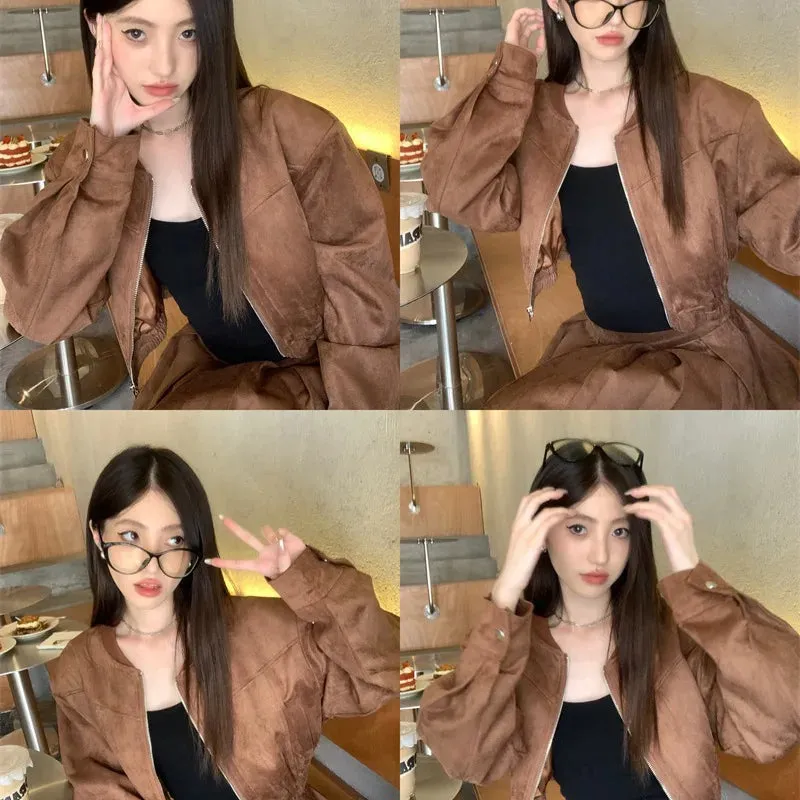 cold weather outfits Joskaa 2024 Autumn New Sensibility Maillard Brown Vintage Leather Jacket With Pleated Skirt Set Women Fashion Dress Set