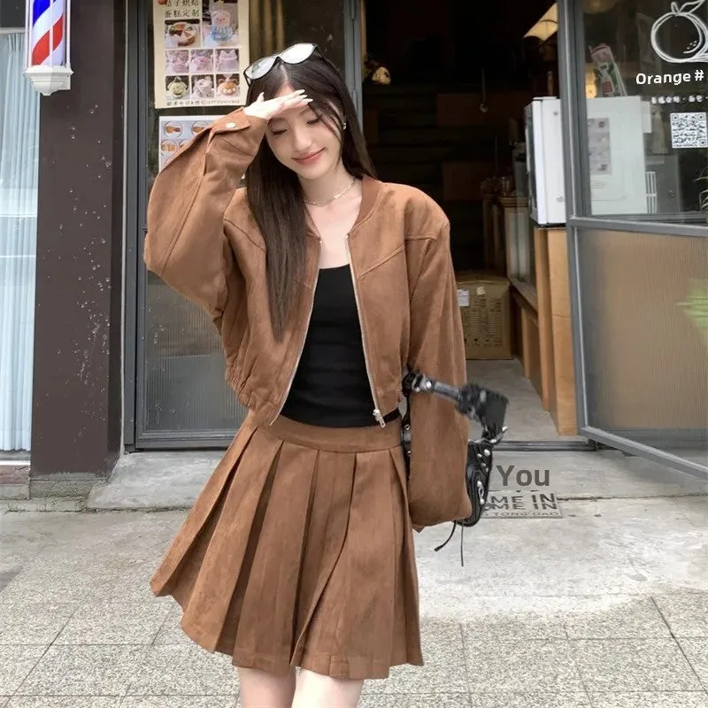 cold weather outfits Joskaa 2024 Autumn New Sensibility Maillard Brown Vintage Leather Jacket With Pleated Skirt Set Women Fashion Dress Set
