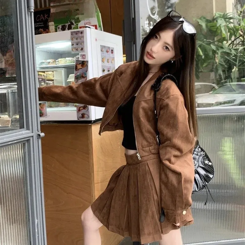 cold weather outfits Joskaa 2024 Autumn New Sensibility Maillard Brown Vintage Leather Jacket With Pleated Skirt Set Women Fashion Dress Set