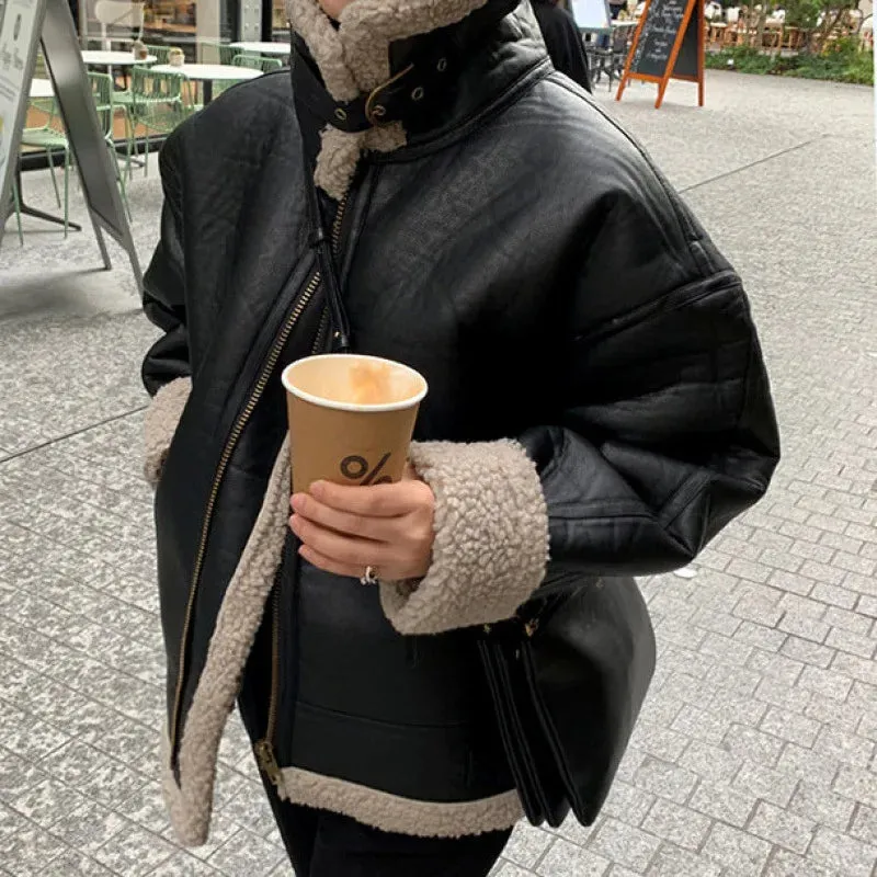 cold weather outfits Joskaa 2024 New Style Women's Fleece-Lined Leather Jacket Jacket Lambswool Stand Collar BF Trendy Korean Version For Students