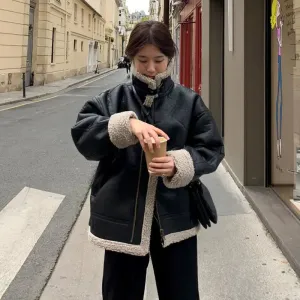 cold weather outfits Joskaa 2024 New Style Women's Fleece-Lined Leather Jacket Jacket Lambswool Stand Collar BF Trendy Korean Version For Students