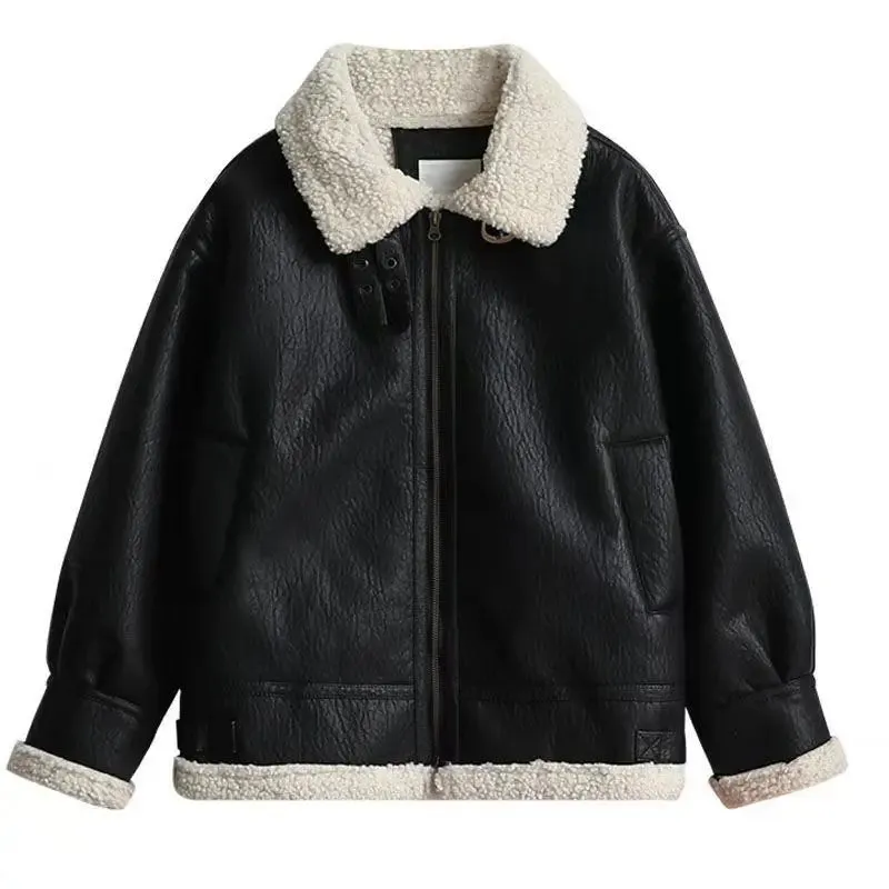 cold weather outfits Joskaa 2024 New Style Women's Fleece-Lined Leather Jacket Jacket Lambswool Stand Collar BF Trendy Korean Version For Students