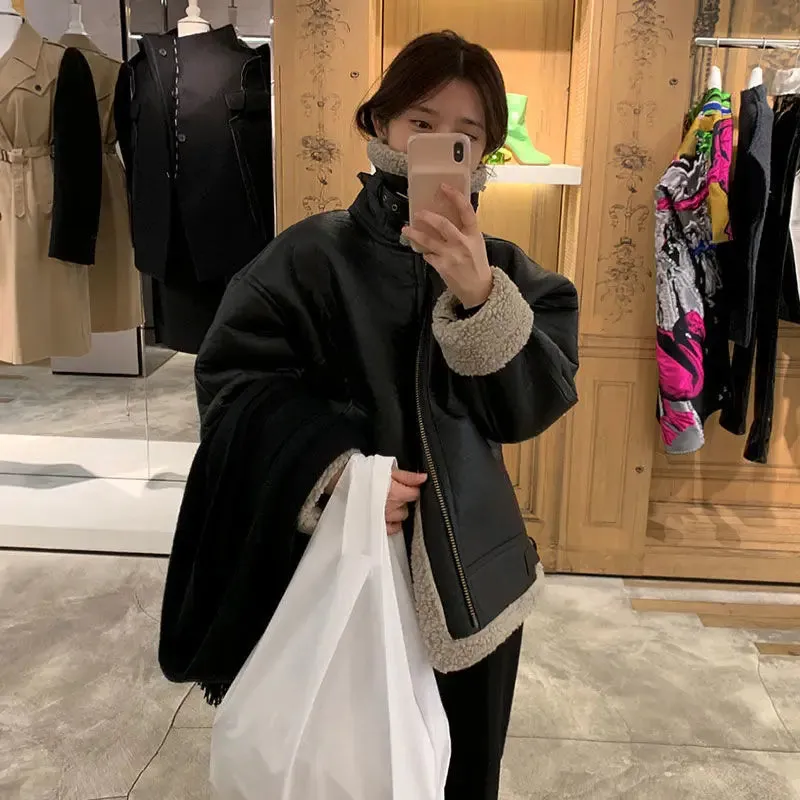 cold weather outfits Joskaa 2024 New Style Women's Fleece-Lined Leather Jacket Jacket Lambswool Stand Collar BF Trendy Korean Version For Students