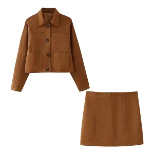 cold weather outfits Joskaa Amazon Autumn Chamois Leather Velvet Dress Set Vintage Single-Breasted Loose-Fit Jacket With Pocket Mini Dress Skirt