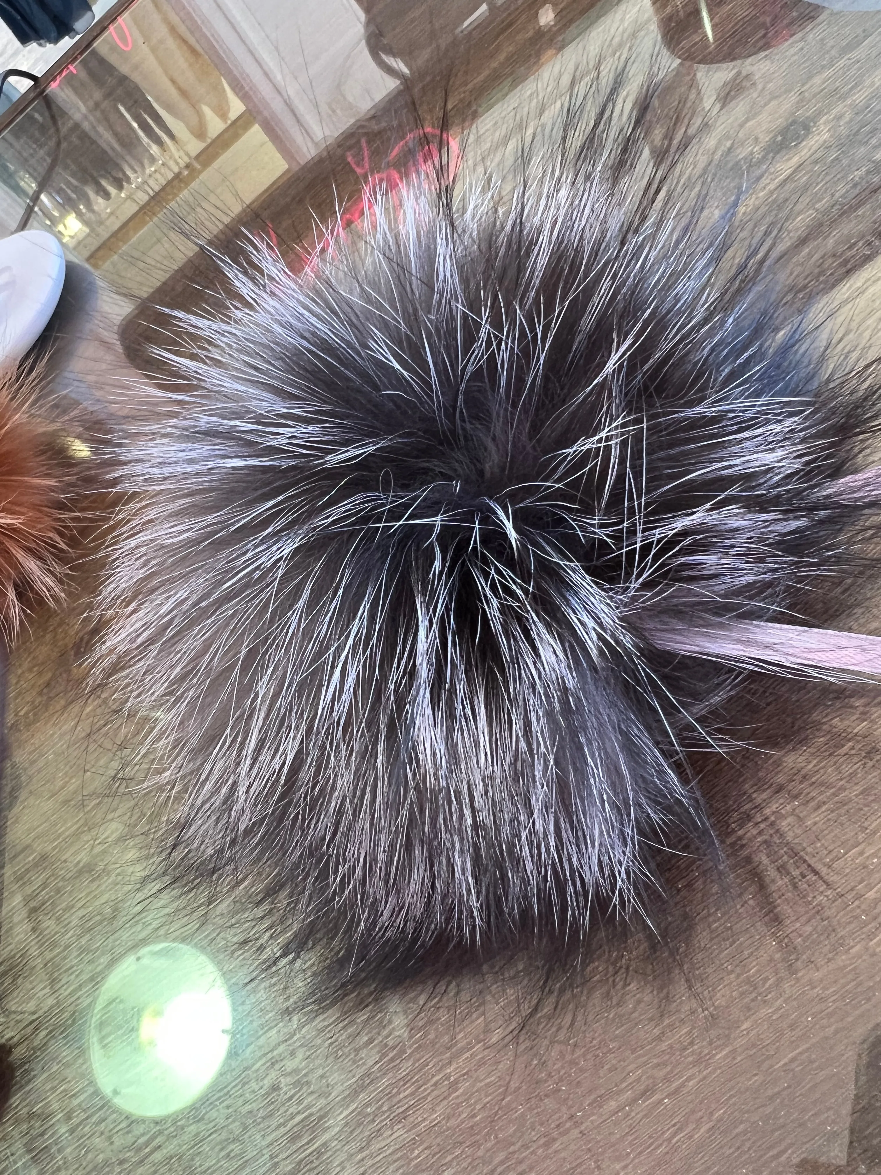 Large Silver Fox Fur Pom Pom with Ribbon