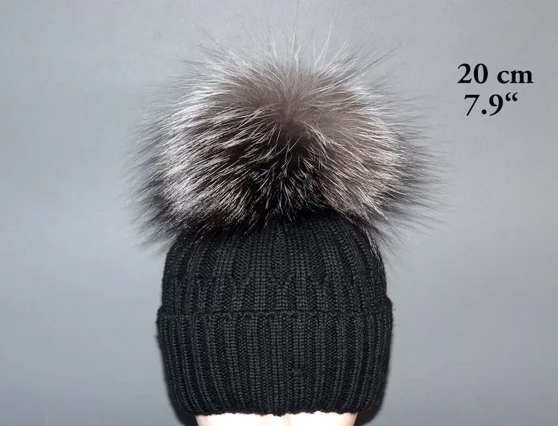 Large Silver Fox Fur Pom Pom with Ribbon