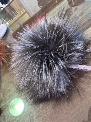 Large Silver Fox Fur Pom Pom with Ribbon