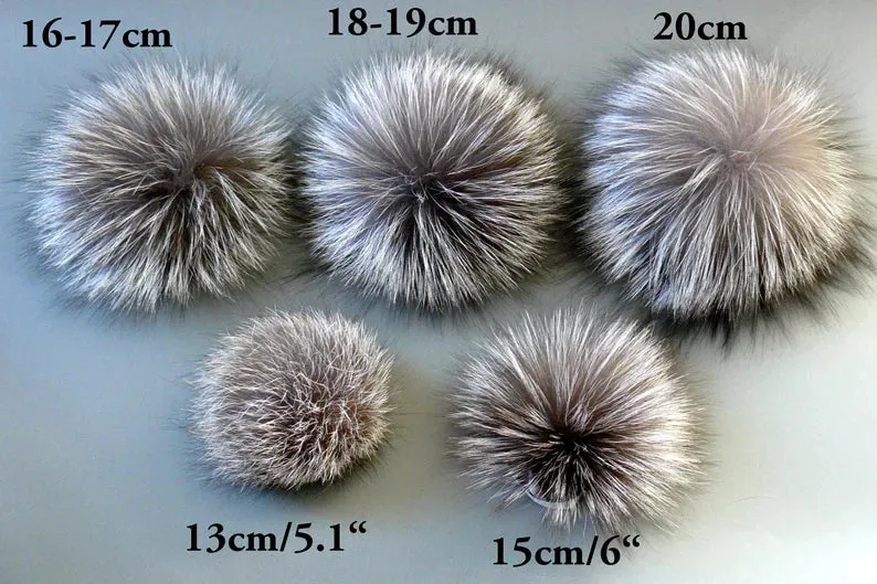 Large Silver Fox Fur Pom Pom with Ribbon