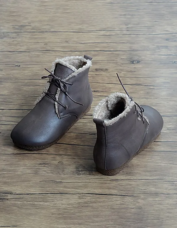 Retro Leather Handmade Women's Short Boots Plush