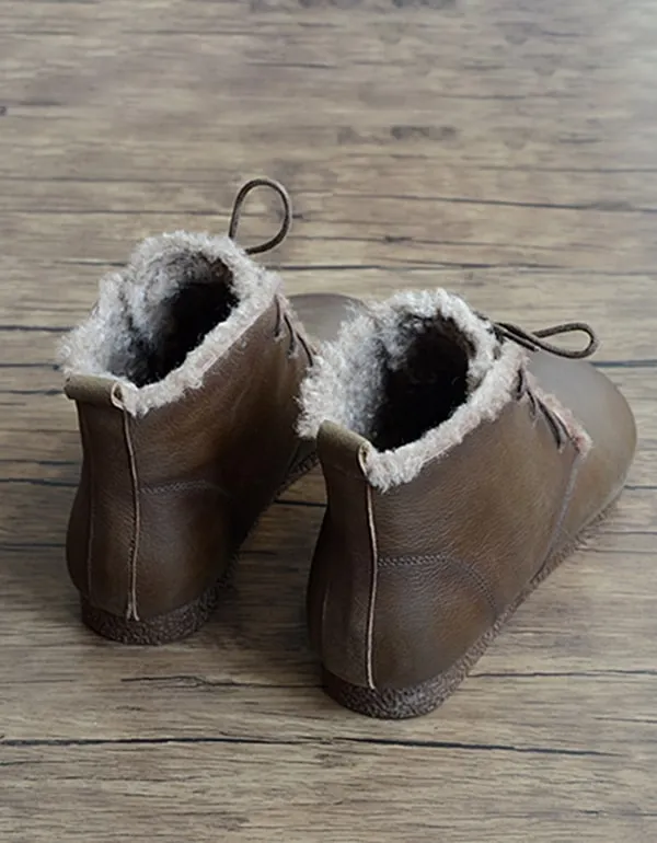 Retro Leather Handmade Women's Short Boots Plush