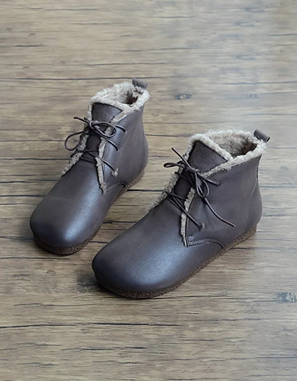 Retro Leather Handmade Women's Short Boots Plush