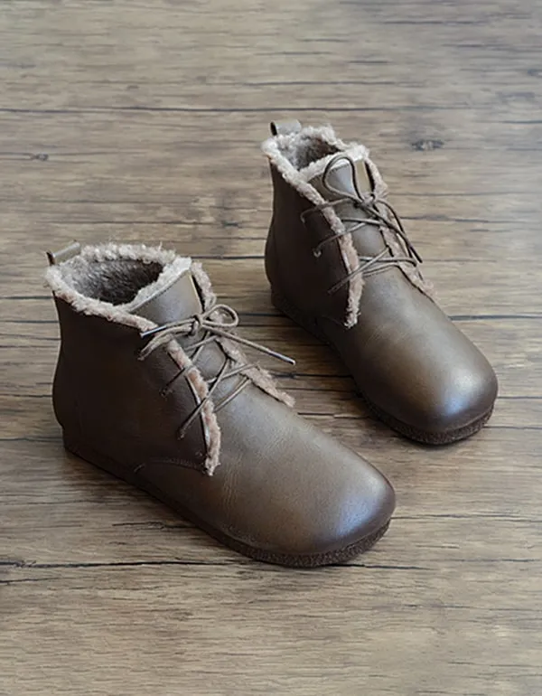 Retro Leather Handmade Women's Short Boots Plush