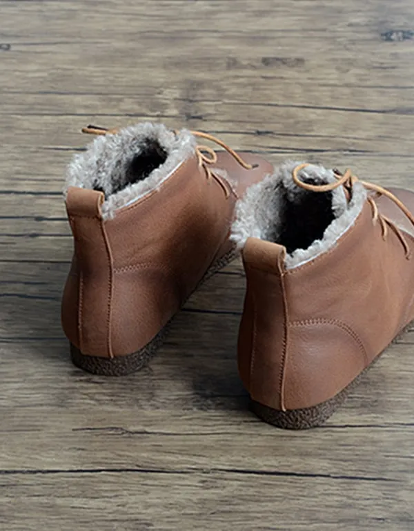 Retro Leather Handmade Women's Short Boots Plush