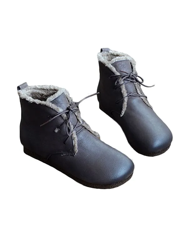 Retro Leather Handmade Women's Short Boots Plush