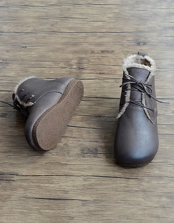 Retro Leather Handmade Women's Short Boots Plush
