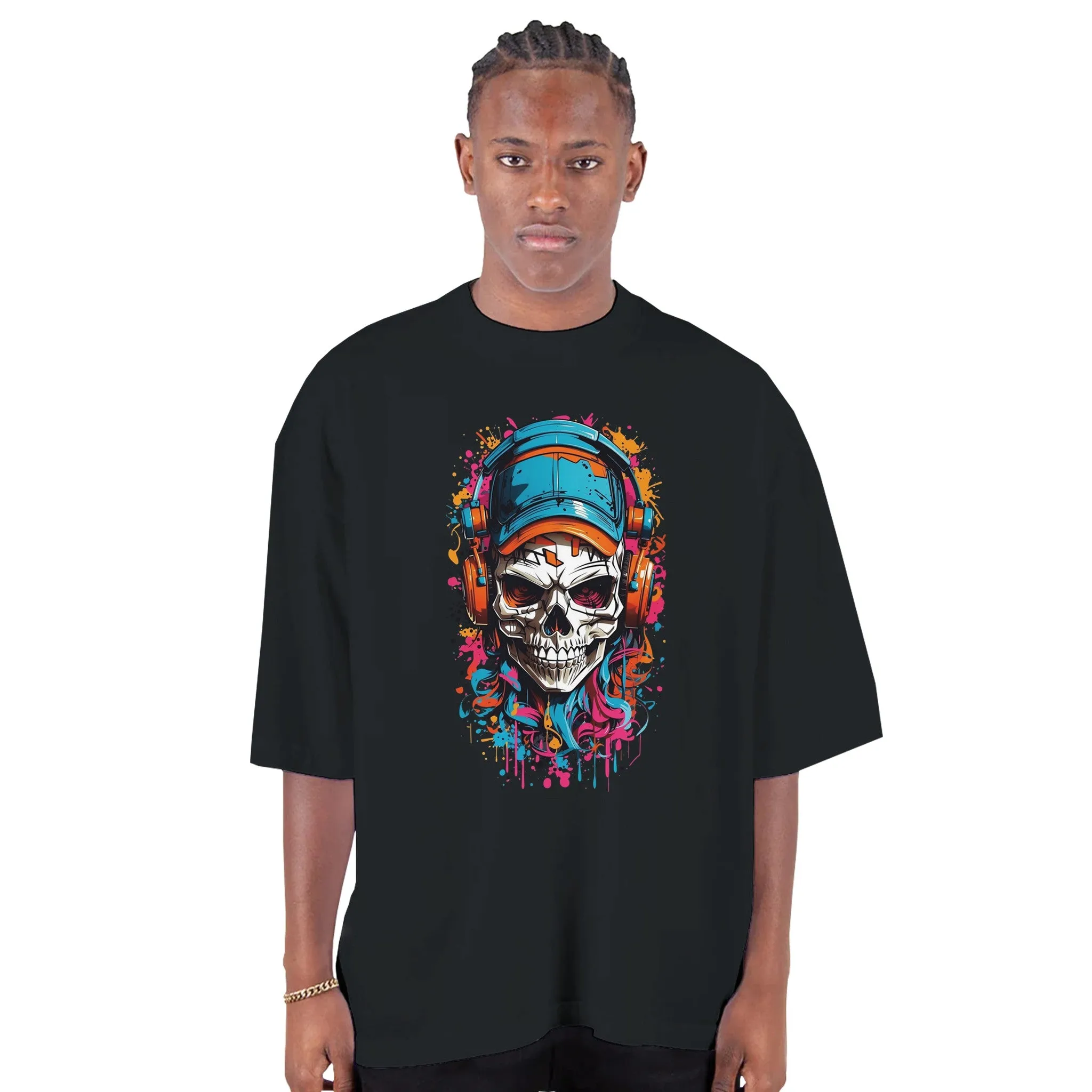 Urban Graffiti Skull Men's Oversized Drop-Shoulder Crewneck T-Shirt