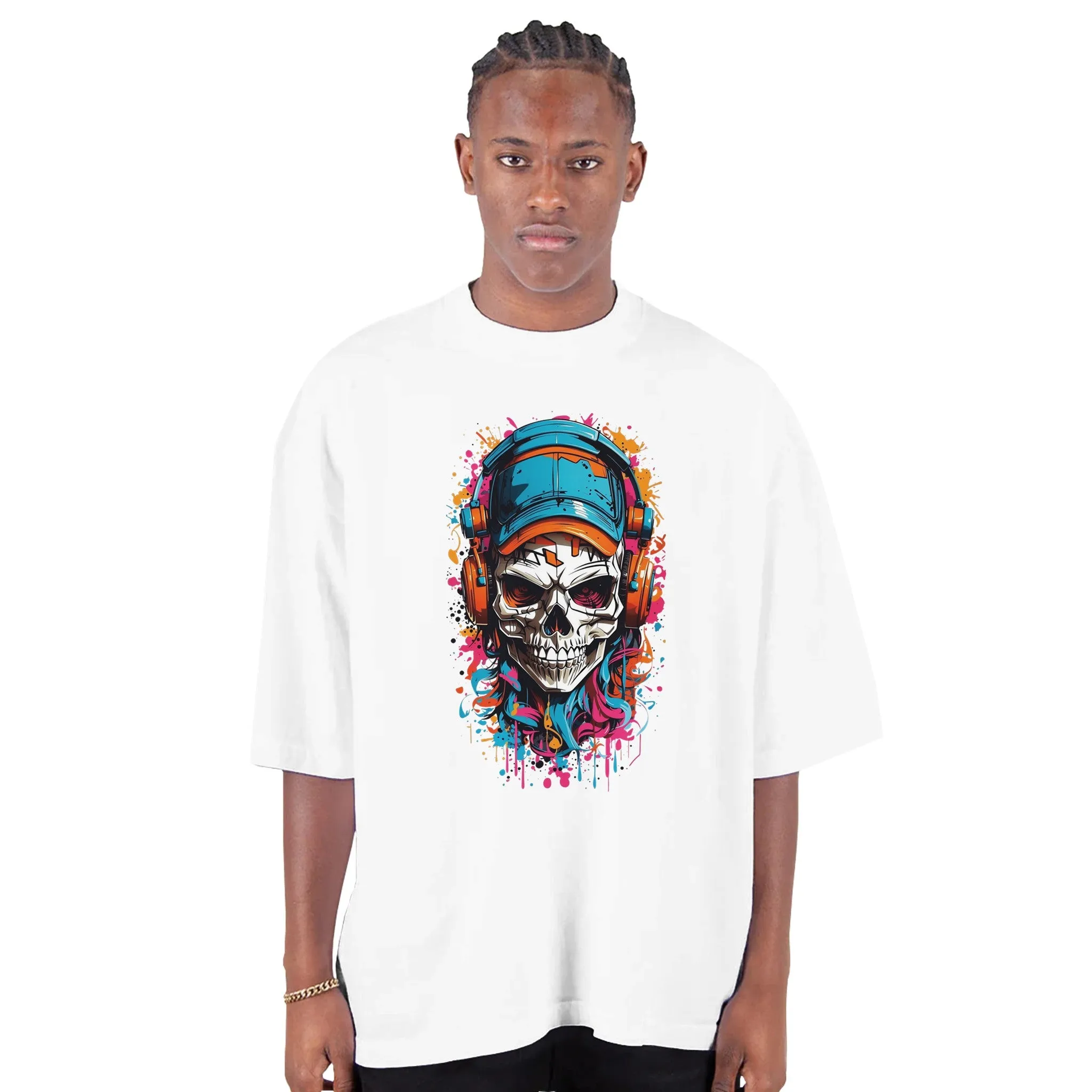 Urban Graffiti Skull Men's Oversized Drop-Shoulder Crewneck T-Shirt