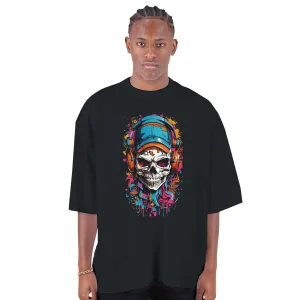 Urban Graffiti Skull Men's Oversized Drop-Shoulder Crewneck T-Shirt