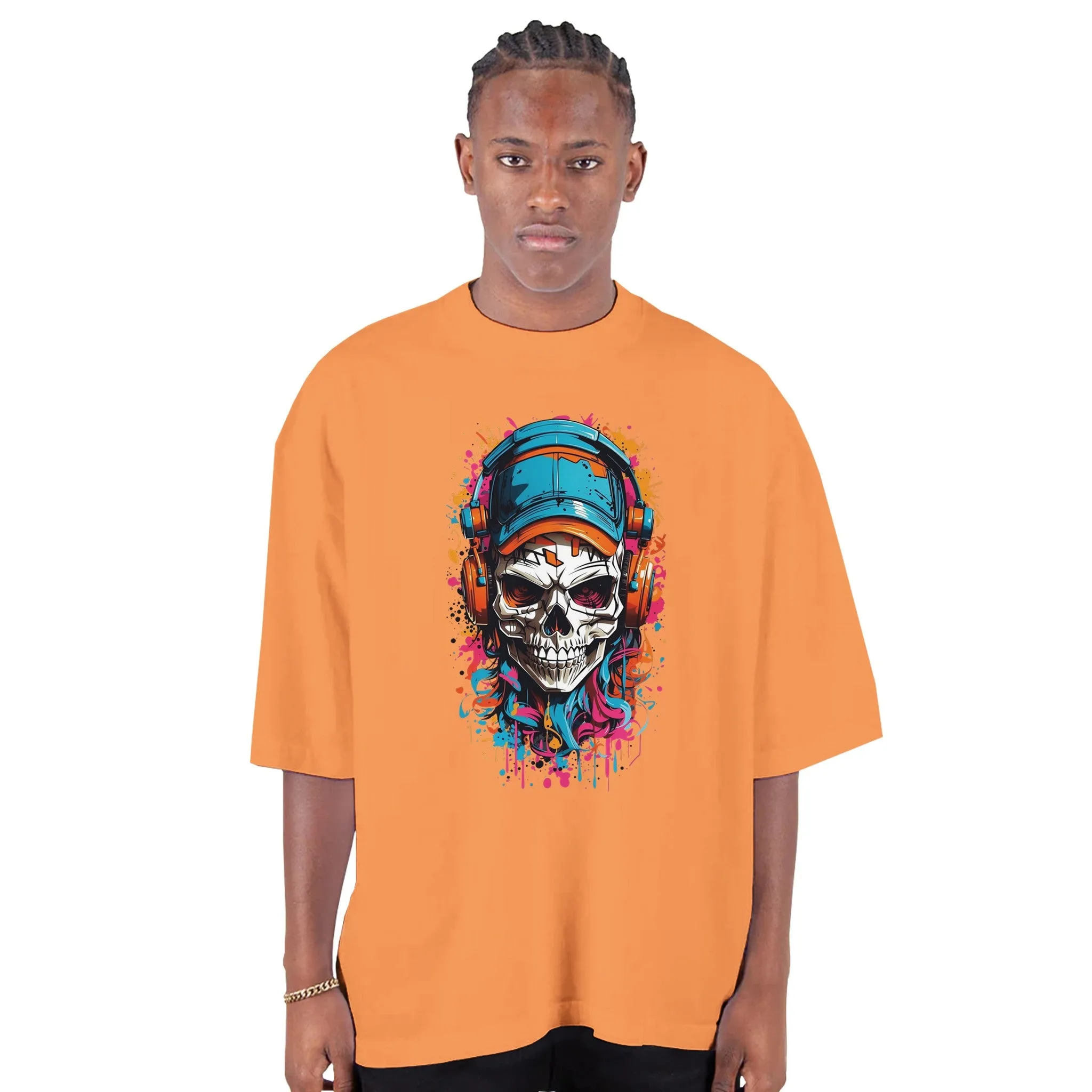 Urban Graffiti Skull Men's Oversized Drop-Shoulder Crewneck T-Shirt