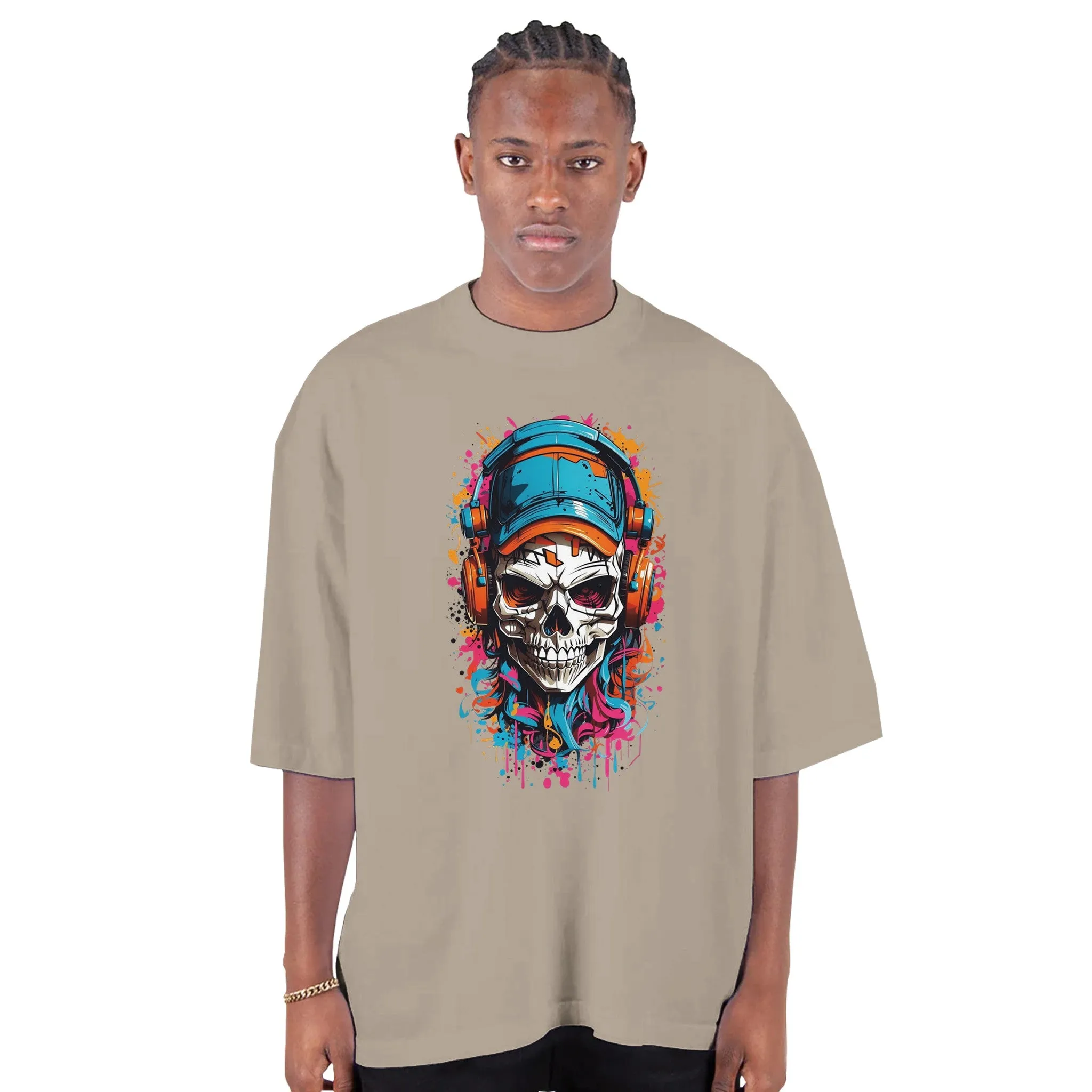 Urban Graffiti Skull Men's Oversized Drop-Shoulder Crewneck T-Shirt