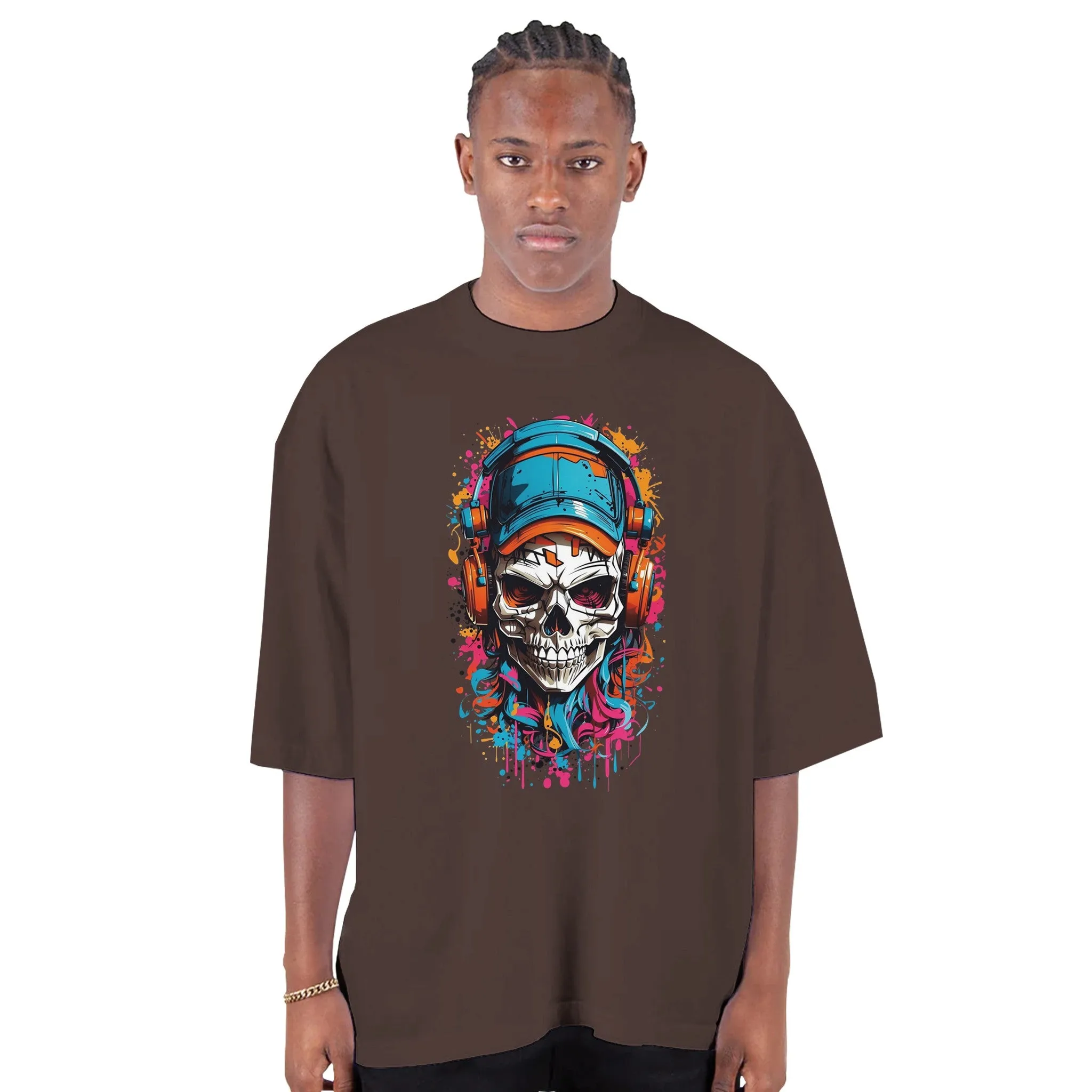 Urban Graffiti Skull Men's Oversized Drop-Shoulder Crewneck T-Shirt